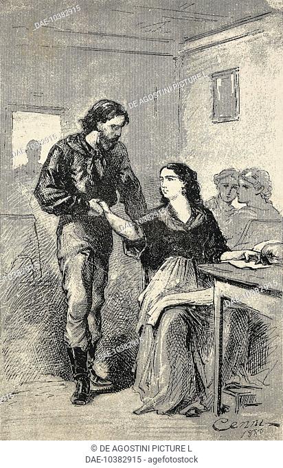 The first meeting between Giuseppe Garibaldi and Anita in Laguna (Brazil) in 1839, engraving. 19th century