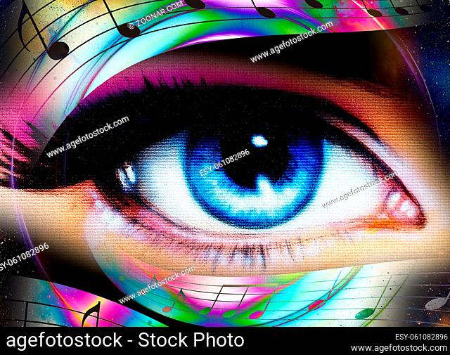 Woman Eye and music note and cosmic space with stars. abstract color background, eye contact