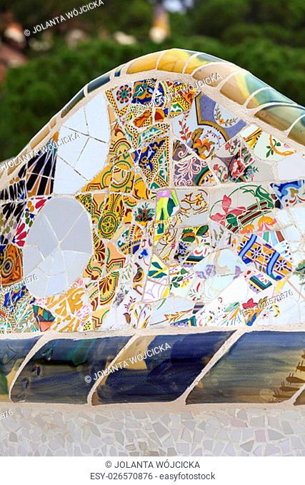 Gaudi multicolored mosaic bench in Park Guell; Barcelona; Spain