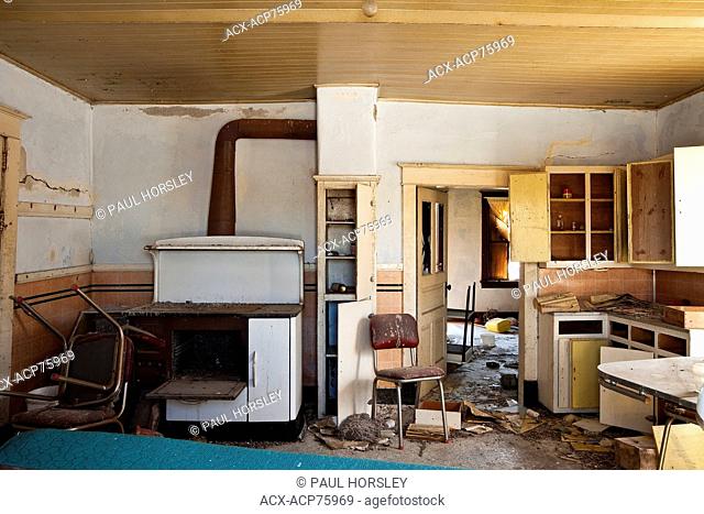 Kitchen of abandoned farmhouse, Alberta, Canada