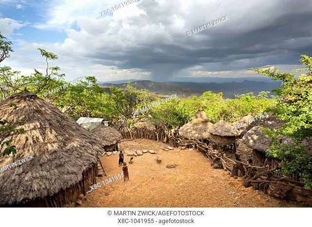 Traditional Konso village on a mountain ridge overlooking the rift valley The Konso are living in tradtional villages with compunds for each family  The...