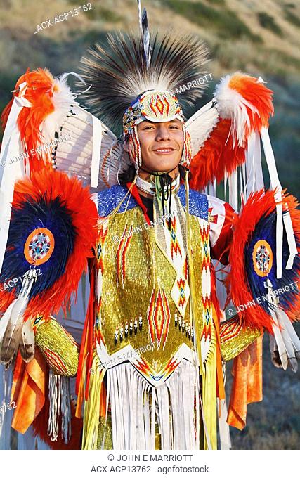 Blackfoot Blood Plains Indians man in traditional mens fancy dance outfit, Fort McLeod, Lethbridge, Alberta, Canada