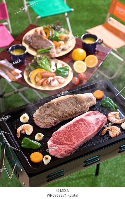Steak and Vegetable Grilled on Barbecue Grill