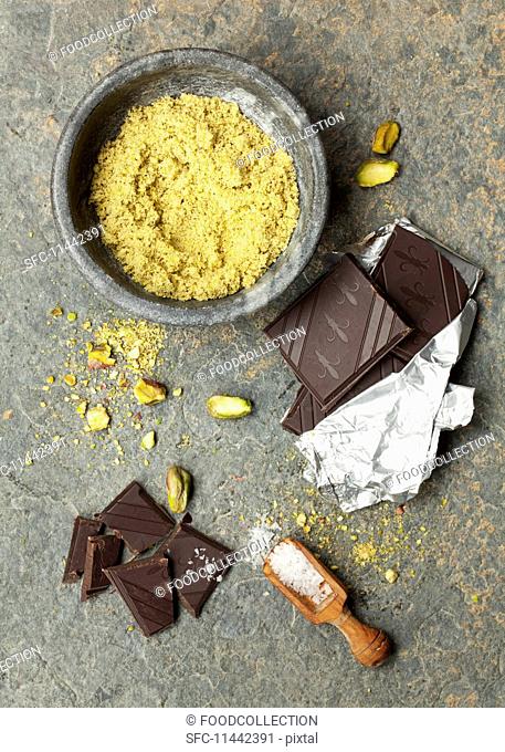 Ingredients for pistachio biscuits with chocolate glaze and sea salt