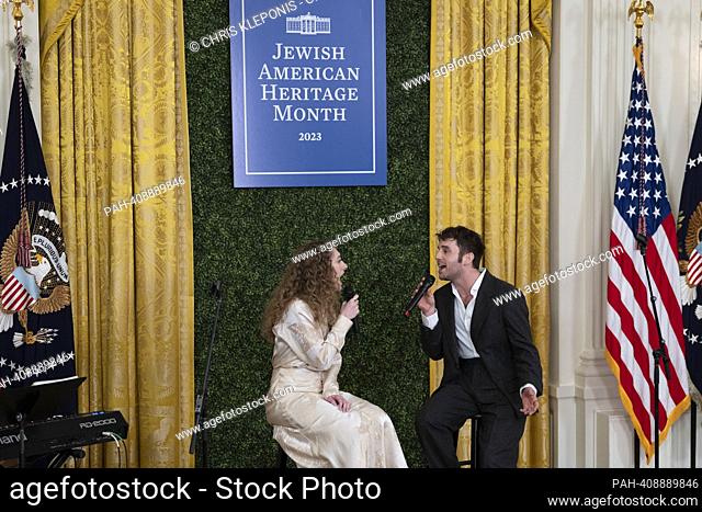 Cast members of the Broadway musical “Parade” Micaela Diamond and Ben Platt, perform at an Jewish American Heritage Month Reception at the White House in...