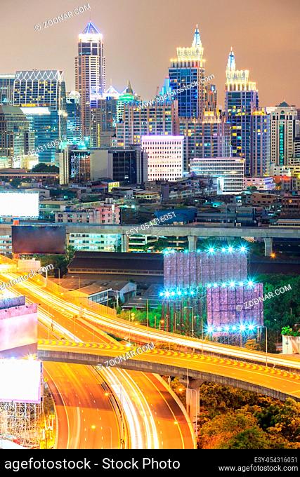 aerial view of Bangkok downtown Highway in business area at Night