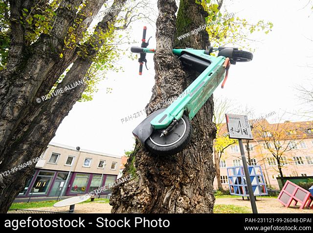 21 November 2023, Lower Saxony, Hanover: An electric scooter hangs in a tree after the act of vandalism. Photo: Julian Stratenschulte/dpa