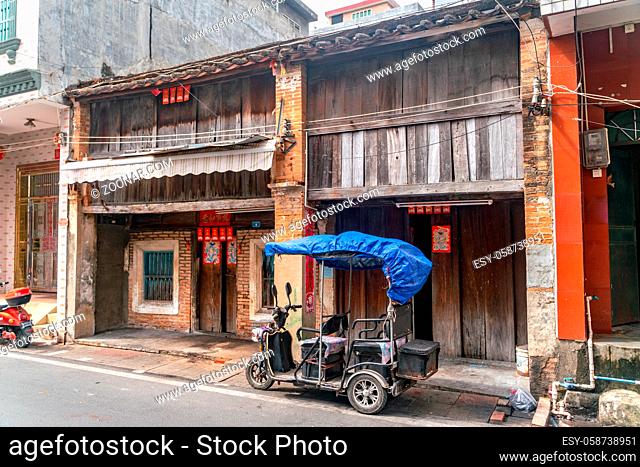 The rural street view of old traditional river fisherman village on Hainan in China