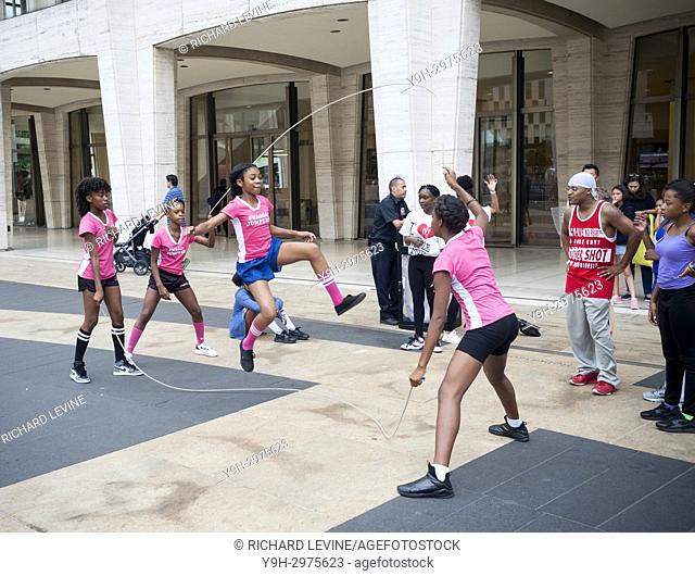 Double dutch teams practice in Lincoln Center in New York on Saturday, July 29, 2017