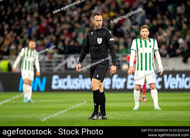 Budapest, Hungary. 16h, March 2023. Referee Artur Dias seen during the UEFA Europa League match between Ferencvaros and Bayer Leverkusen at Groupama Arena in...