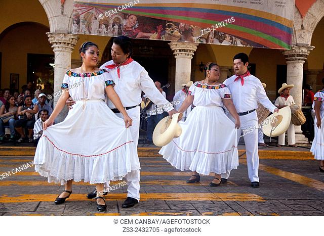 Guest musicians and dancers from Tabasco State during a performance on the weekly sunday morning show in Merida, Yucatan Province, Mexico, North America