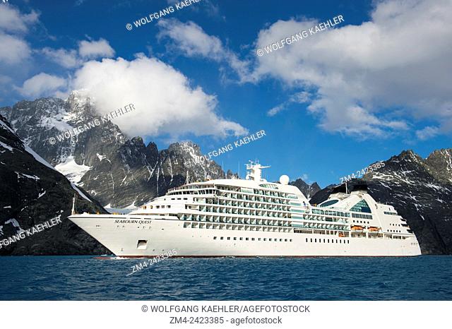 Cruise ship Seabourn Quest cruising in scenic Drygalski Fjord, South Georgia