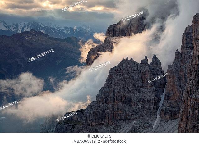 Bocca di Brenta, Brenta dolomites, Adamello Brenta natural park, Trentino, Italy, Fog into the valley
