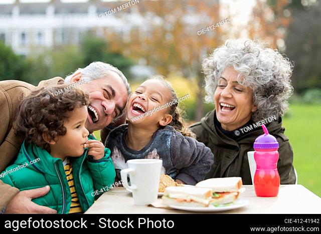 Playful grandparents and grandchildren laughing, eating lunch in park