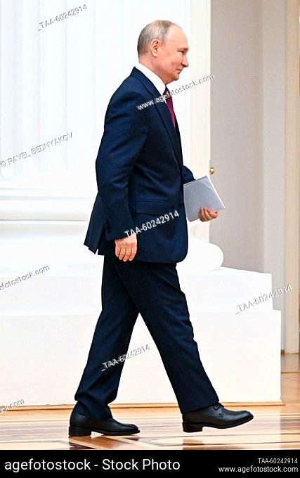 RUSSIA, MOSCOW - JULY 4, 2023: Russia’s President Vladimir Putin leaves after a meeting with alumni of the Russian Presidential Academy of National Economy and...