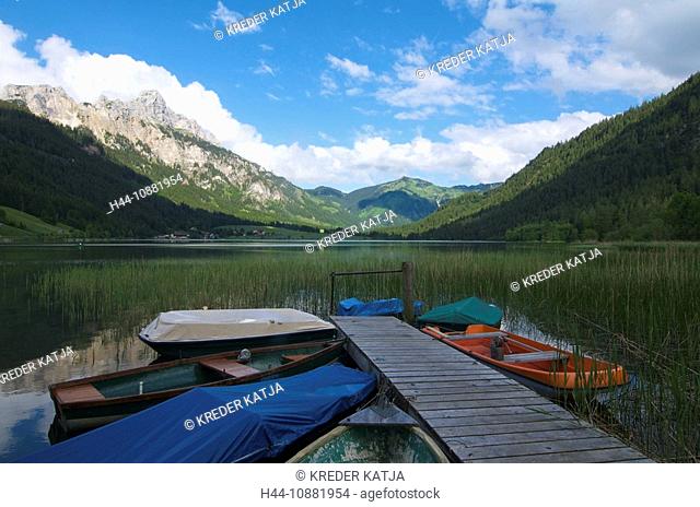 Oesterreich, Österreich, Haldensee, lake, boat, footbridge, Tannheim valley, Tyrol