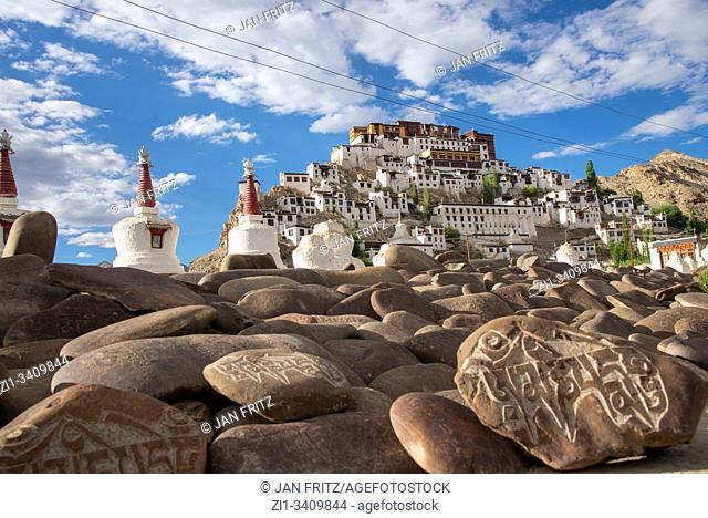 view at Thiksey monastery with 'om- -mani-padme-hum' at stones in Ladakh, India