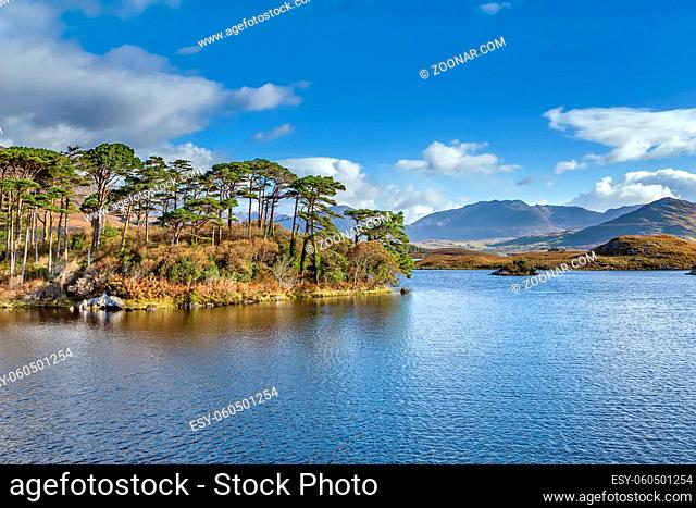Landscape with lake from Pines Island Viewpoint in Galway county, Ireland