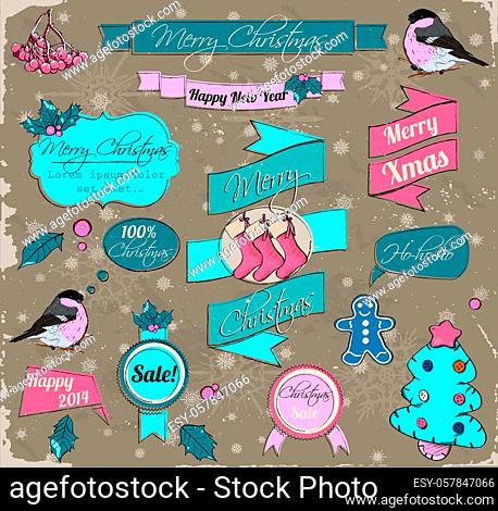 Set of Christmas design elements in pink and blue. Vector illustration EPS8