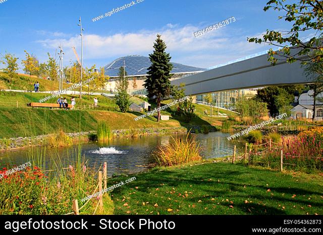 Moscow - September 4, 2018: Zaryadye Park with the modern amphitheater in Moscow, Russia. Zaryadye is one of the main tourist attractions of Moscow
