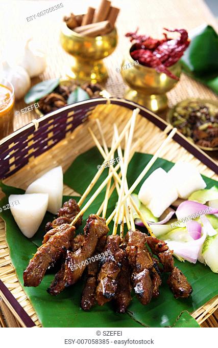 Beef satay, roasted meat skewer Malay food. Traditional Malaysia food. Hot and spicy Malaysian dish, Asian cuisine