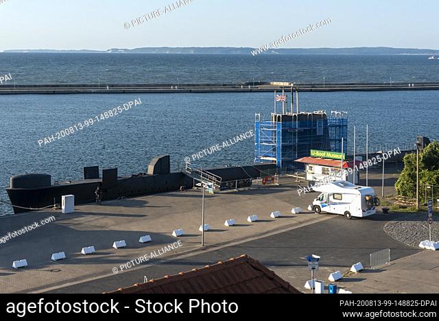 12 August 2020, Mecklenburg-Western Pomerania, Sassnitz: The British submarine ""H.M.S. Otus"" lies scaffolded in the city harbour