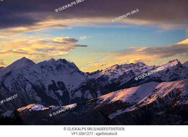 View of the Pizzo Arera and the orobie prealps during a winter sunset from Monte Pora, Val Seriana, Bergamo district, Lombardy, Italy