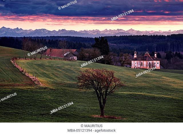 Germany, Bavaria, Augsburg county, Augsburg Western Woods Nature Park, Schnerzhofen, Alps, light, mountains, church, trees, meadow, field, house, mood