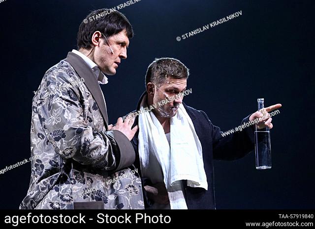 RUSSIA, MOSCOW - MARCH 17, 2023: Actors Sergei Yepishev (L) as Ivan Petrovich Voynitsky and Pavel Chinarev as Mikhail Lvovich Astrov perform during a press...