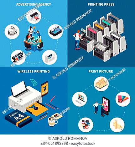 Advertising agency printing house concept 4 isometric compositions with digital technology creating pictures press device vector illustration