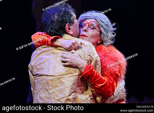 RUSSIA, MOSCOW - DECEMBER 4, 2023: Yulia Rutberg as the Court Lady (R) performs during the premiere of Ivan Popovski's production of Yevgeny Shvarts's play An...