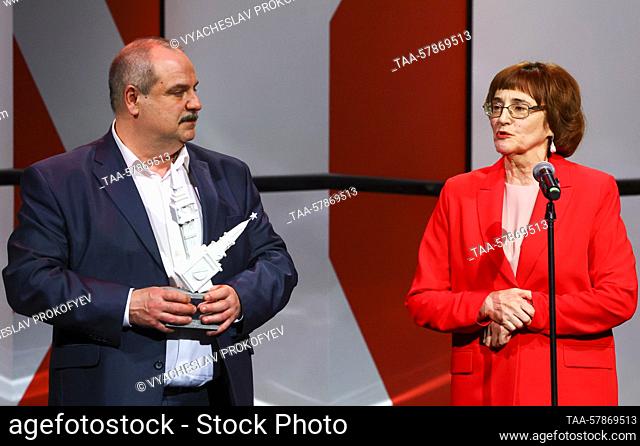 RUSSIA, MOSCOW - MARCH 14, 2023: State Tretyakov Gallery head curator Tatyana Gorodkova and Andrei Golubeiko, the head of the department of easel oil painting...