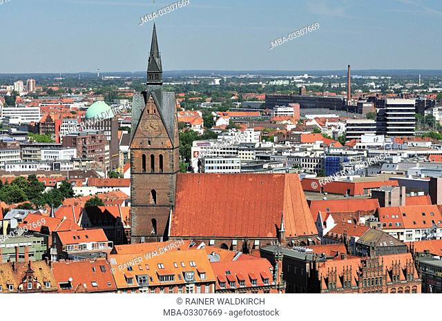 Hannover, Lower Saxony, Protestant market church, 14. Cent., 97-m-high tower, Old Town from above