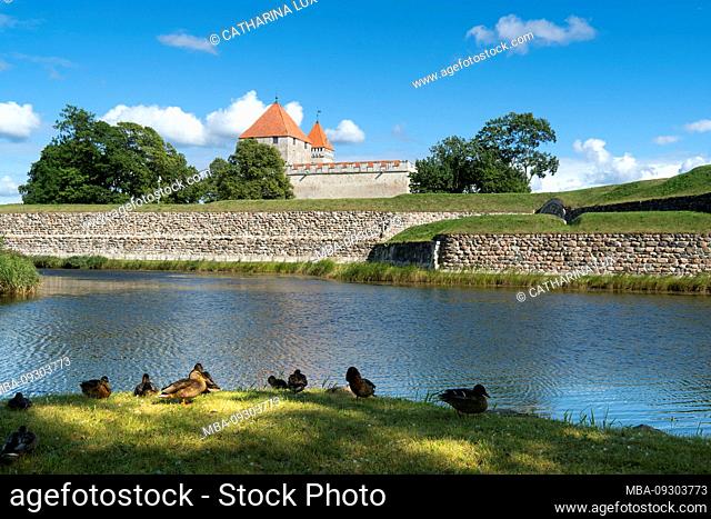 Estonia, Baltic Sea island Saaremaa, island capital Kuressare, bishop castle, moat, ducks