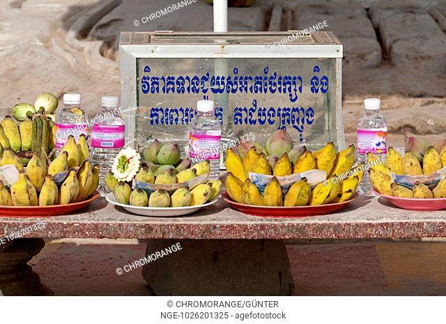 Bananas and bottles with mineral water as offerings presented by Khmer people from Battambang