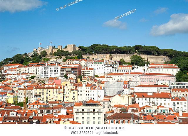 Lisbon, Portugal, Europe - An elevated view of the historic city district Baixa with the Castelo de Sao Jorge in the backdrop