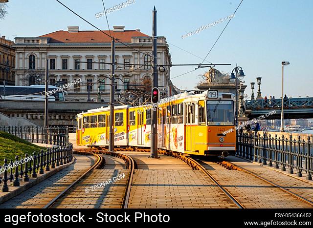 Budapest, Hungary, March 22 2018: Ganz CSMG tram number 19 near Buda Castle in the city of Budapest in Hungary. In operation since 1866