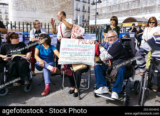 Protest of affected by polio disease. Puerta del Sol, Madrid, Comunidad de madrid, Spain, Europe