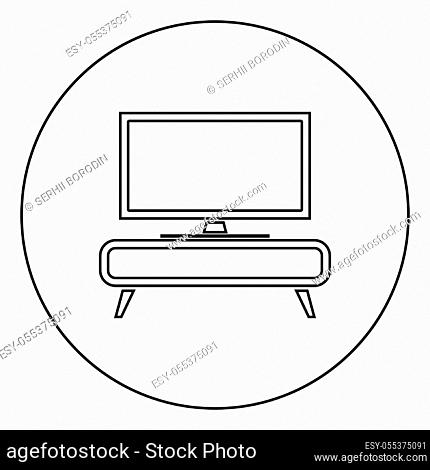 TV on the cupboard commode bedside table Home interior concept icon in circle round outline black color vector illustration flat style simple image