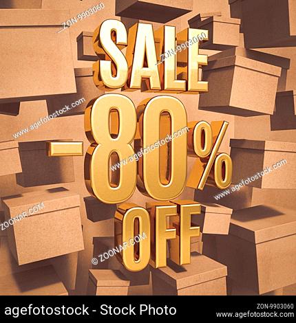 Gold 80 Percent Off Discount 3d Sign with Packaging Boxes Sale Banner Template, Special Offer 80% Off Discount Tag, Golden Sale Sticker, Gold Sale Symbol