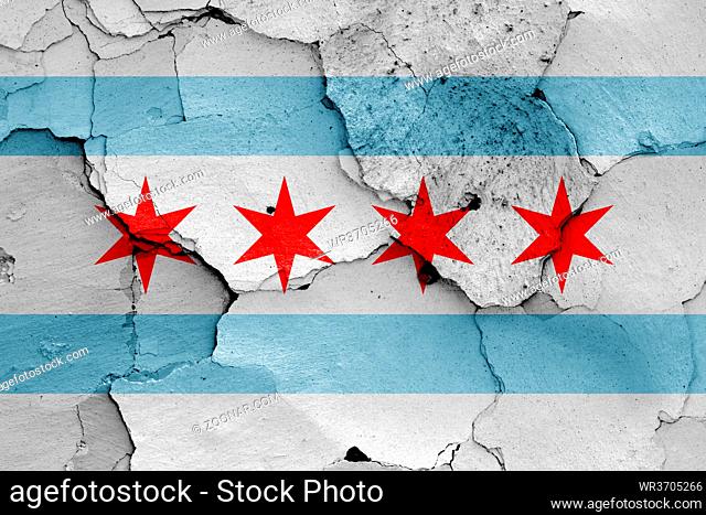 flag of Chicago painted on cracked wall