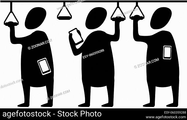 Passengers inside public transport with smart phone gadget devices symbol black, vector illustration, horizontal, isolated