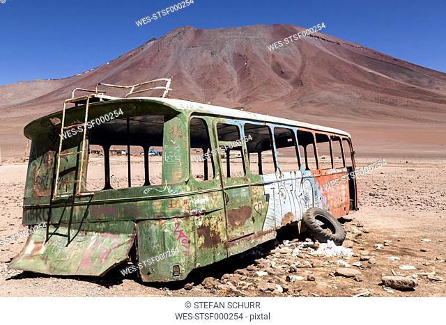 Border Bolivia Chile, Atacama Desert, Bus wreck at Hito Cajon