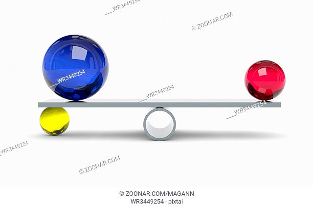 3d illustration of a blue red and yellow ball on a scale