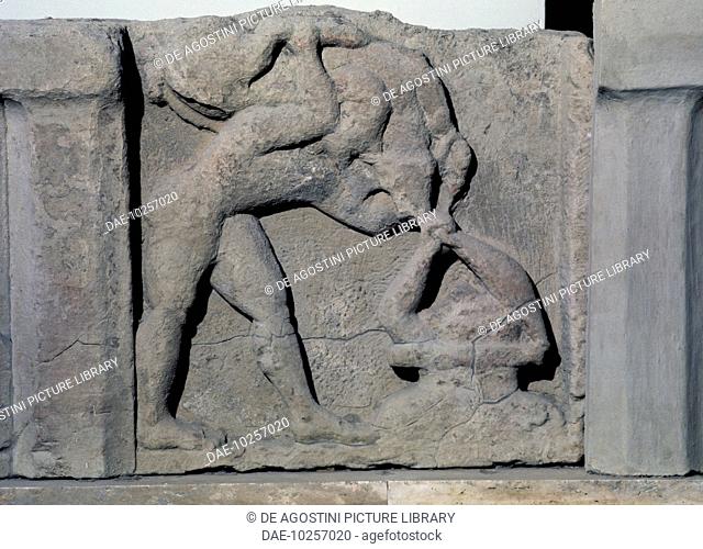 Hercules and the boar Erymanthian before Eurystheus, decoration on a sandstone metope from Heraion at the mouth of the Sele, near Paestum, Campania, Italy