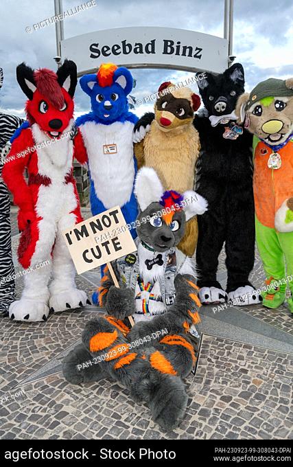 23 September 2023, Mecklenburg-Western Pomerania, Binz: With colorful animal costumes, participants of the ""Furry Treffen"" stand in front of the pier