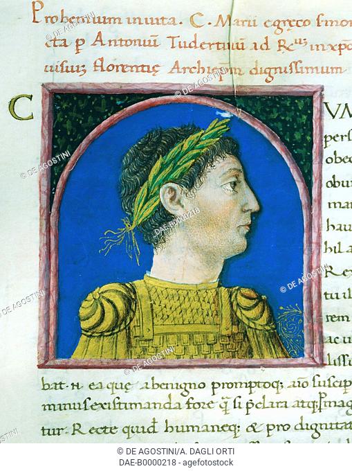 Illuminated page with profile of Gaius Marius, Volume I, left 1, f 127 r, Vitae virorum illustrium, by Plutarch (ca 46-127), manuscript