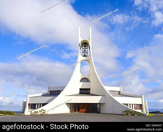 The iconic church Stykkisholmskirkja. Town Stykkisholmur , Snaefellsnes peninsula in western Iceland. Europe, Northern Europe, Iceland, September