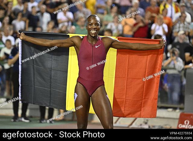Belgian Cynthia Bolingo Mbongo celebrates a Belgian record at the women's 400m, at the 2022 edition of the Memorial Van Damme Diamond League meeting athletics...