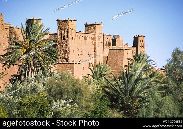 Ouarzazate, Morocco, Africa - View of the ancient clay architecture and mud brick buildings of the historic fortress Ksar of Ait Benhaddou